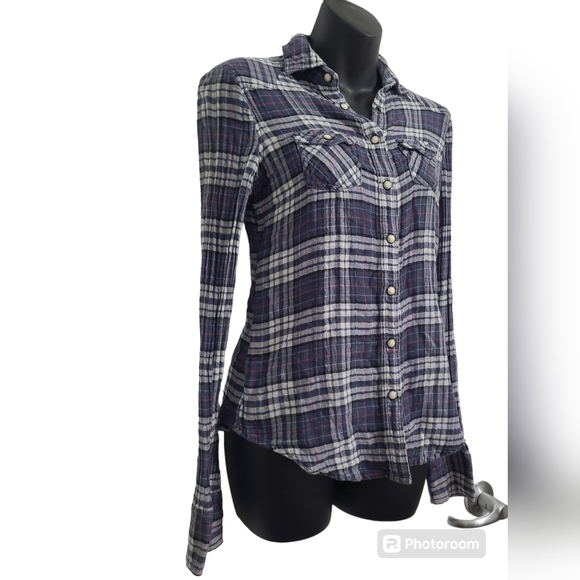 2 FOR💲1️⃣ American Eagle Blue/White Plaid 100% Cotton Snap Button-Down Sz 0 - Picture 5 of 12